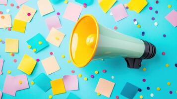 A colorful, abstract background with a yellow megaphone and colorful paper notes scattered around. photo