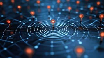A digital map with a central point marked by a red pin, surrounded by a concentric circle of orange pins, against a dark blue background with a grid of white lines. photo