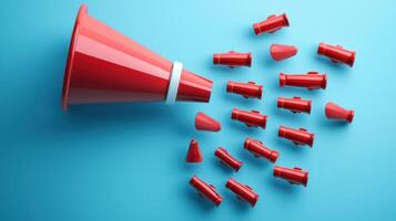 A red megaphone with multiple red bullhorns emanating from it on a blue background. photo