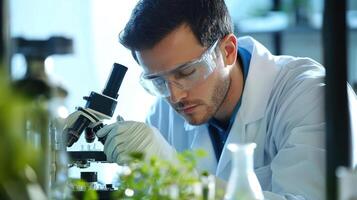 A man in a lab coat and safety goggles, using a microscope in a laboratory setting. photo