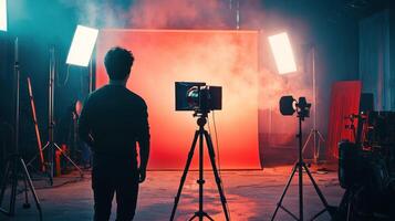 A man standing in a dimly lit room with a red backdrop and a camera set up in front of him. photo