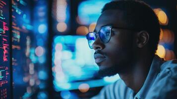 A young man wearing glasses, looking at a computer screen with a blurred background of multiple computer monitors and lights. photo