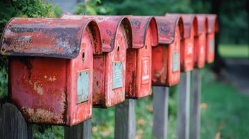 A row of red, weathered mailboxes lined up against a wooden fence, with green foliage in the background. photo