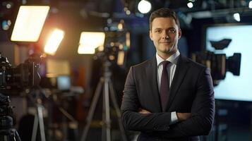A confident man in a suit standing in a studio with cameras and lighting equipment, smiling and looking directly at the camera. photo