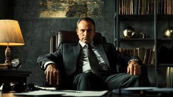 A man in a suit sitting in an office chair with a lamp and bookshelf in the background. photo