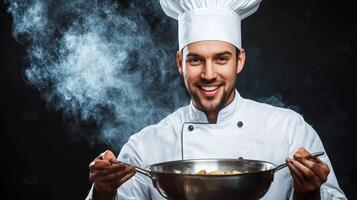 A smiling chef in a white uniform holding a pan with food in it, standing in front of a black background with steam rising from the pan. photo