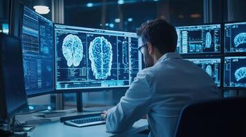 A man wearing a white lab coat, seated at a desk with multiple computer monitors displaying brain scans and medical data. photo