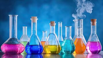 A colorful array of laboratory beakers with liquid, some emitting smoke, against a blue background. photo