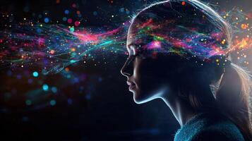 A woman with glowing, colorful, abstract patterns emanating from her head, set against a dark, moody background. photo