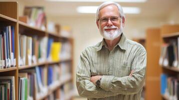 A smiling, bearded man in a library, standing in front of bookshelves with a book in his hand. photo