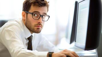 A man wearing glasses, sitting at a desk with a computer, looking at the screen with a concerned expression. photo