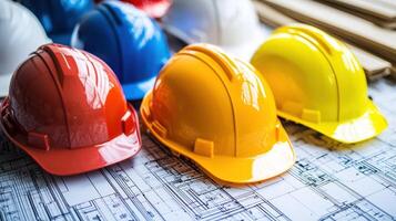 Four colorful hard hats on a table with blueprints in the background. photo
