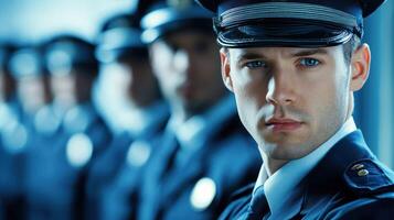 A police officer standing in front of a row of other officers, all dressed in uniform, with a serious expression on their face. photo