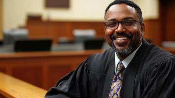 A smiling judge in a courtroom, wearing a robe and glasses, seated in a wooden bench with a wooden desk in the background. photo