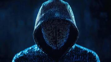A hooded figure with binary code on their face, standing in a dark, industrial setting with blue and black hues. photo