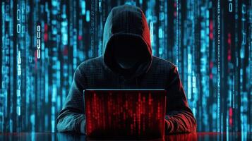 A hacker wearing a hooded jacket, typing on a laptop in a dark, digital, and futuristic setting with binary code and glowing blue and red lights. photo
