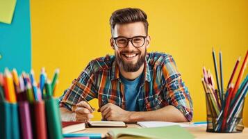 A smiling man wearing glasses and a plaid shirt, sitting at a desk with a colorful array of pencils and notebooks, against a yellow background. photo