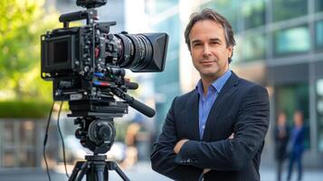 A man in a suit standing in front of a camera with a large camera on a tripod. photo