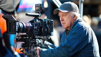 A man in a blue jacket and cap, standing in front of a camera on a film set, with a large camera and a colorful background. photo