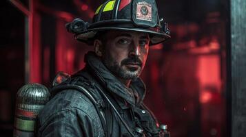 A firefighter in full gear, standing in front of a fire engine with a hose and a fire extinguisher, surrounded by smoke and flames, with a red and black helmet and a beard. photo