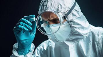 A scientist in a protective suit holding a magnifying glass, examining a sample in a laboratory setting. photo