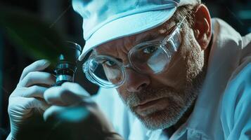 A scientist in a lab coat and protective eyewear is examining a sample under a microscope. photo
