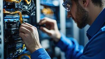 A man in a blue shirt is working on a computer server in a data center. photo