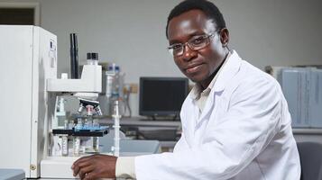 A man in a lab coat sitting at a desk with a microscope in a laboratory setting. photo