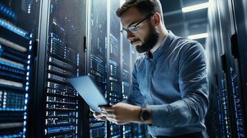 A man in a blue shirt and glasses stands in front of a row of servers in a data center, using a tablet. photo