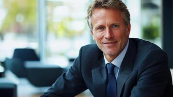A middle-aged businessman in a suit and tie, seated in a modern office with a large window in the background. photo