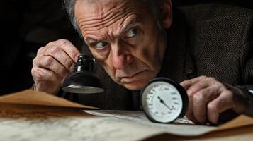 An elderly man with gray hair and glasses, wearing a dark suit, is examining a small clock on a table with a map in front of him. photo