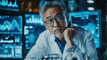 A mature Asian male scientist wearing a white lab coat, glasses, and a blue shirt, sitting in a high-tech laboratory with multiple screens displaying data and graphs in the background. photo