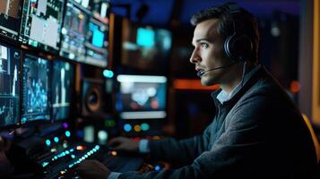 A man wearing headphones and a suit, seated at a control desk in a dark, dimly lit room with multiple screens and monitors, possibly in a control room or a technical control room. photo