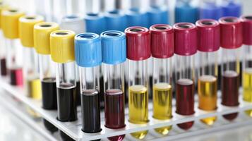 A row of colorful test tubes with various liquids in them, arranged on a laboratory tray. photo