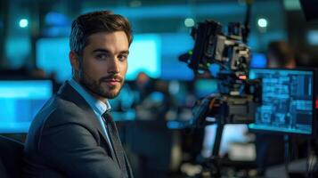 A man in a suit sitting in front of a camera in a studio with a blurred background. photo