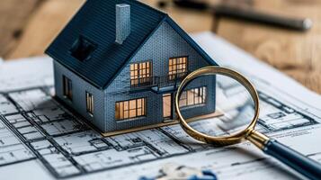 A miniature model of a house with a magnifying glass on top, placed on a blueprint with a key and pen in the background. photo