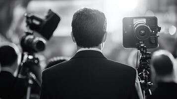 A man in a suit standing in front of a camera with a microphone, surrounded by a crowd of people. photo
