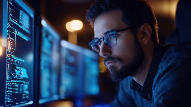 A man wearing glasses, sitting in front of a computer monitor, with multiple screens in the background. photo