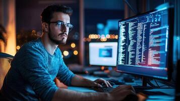 A young man wearing glasses, working on a computer in a dimly lit office with a bokeh effect in the background. photo