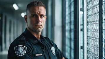 A police officer standing in a hallway with a serious expression, wearing a uniform and badge, with a metal gate in the background. photo