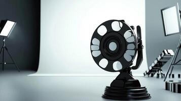 A black and white film reel on a stand in a studio with a white backdrop and a camera on a tripod in the foreground. photo