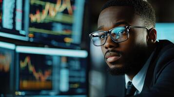 A focused businessman wearing glasses, seated at a desk with multiple computer monitors displaying financial data, looking intently at one of the screens. photo