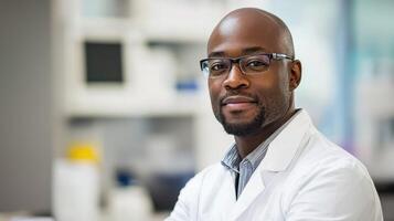 A male scientist in a lab coat, wearing glasses, standing in a laboratory with a computer monitor in the background. photo
