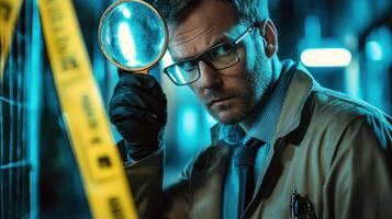 A man in a lab coat holding a magnifying glass, standing in a dimly lit, industrial setting with a yellow tape measure on the ground. photo