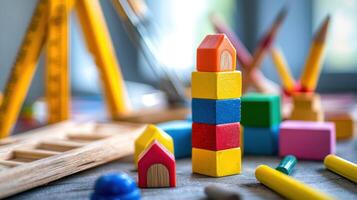 A colorful stack of wooden blocks and pencils on a table with a blurred background. photo