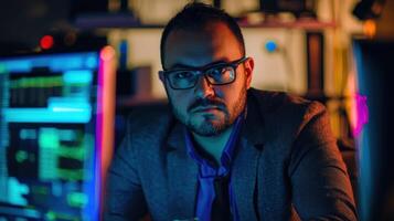A man in a suit and tie, sitting at a desk with a computer, surrounded by colorful lights and a dark background. photo