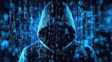 A mysterious figure in a dark hoodie, standing in front of a digital binary code background. photo