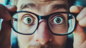 A man with glasses looking through them, holding them in front of his face with both hands. photo