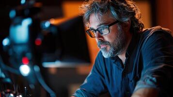 A man with glasses and a beard, wearing a dark shirt, is seated in a dimly lit room with a camera in front of him, capturing a scene. photo