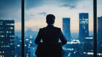 A man in a suit sitting in front of a large window with a city skyline in the background. photo